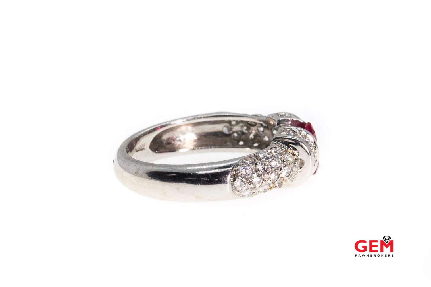 Natural Oval Ruby & Diamond Cluster Pave Band Italy 18K 750 White Gold Ring Size 6 - Image 4