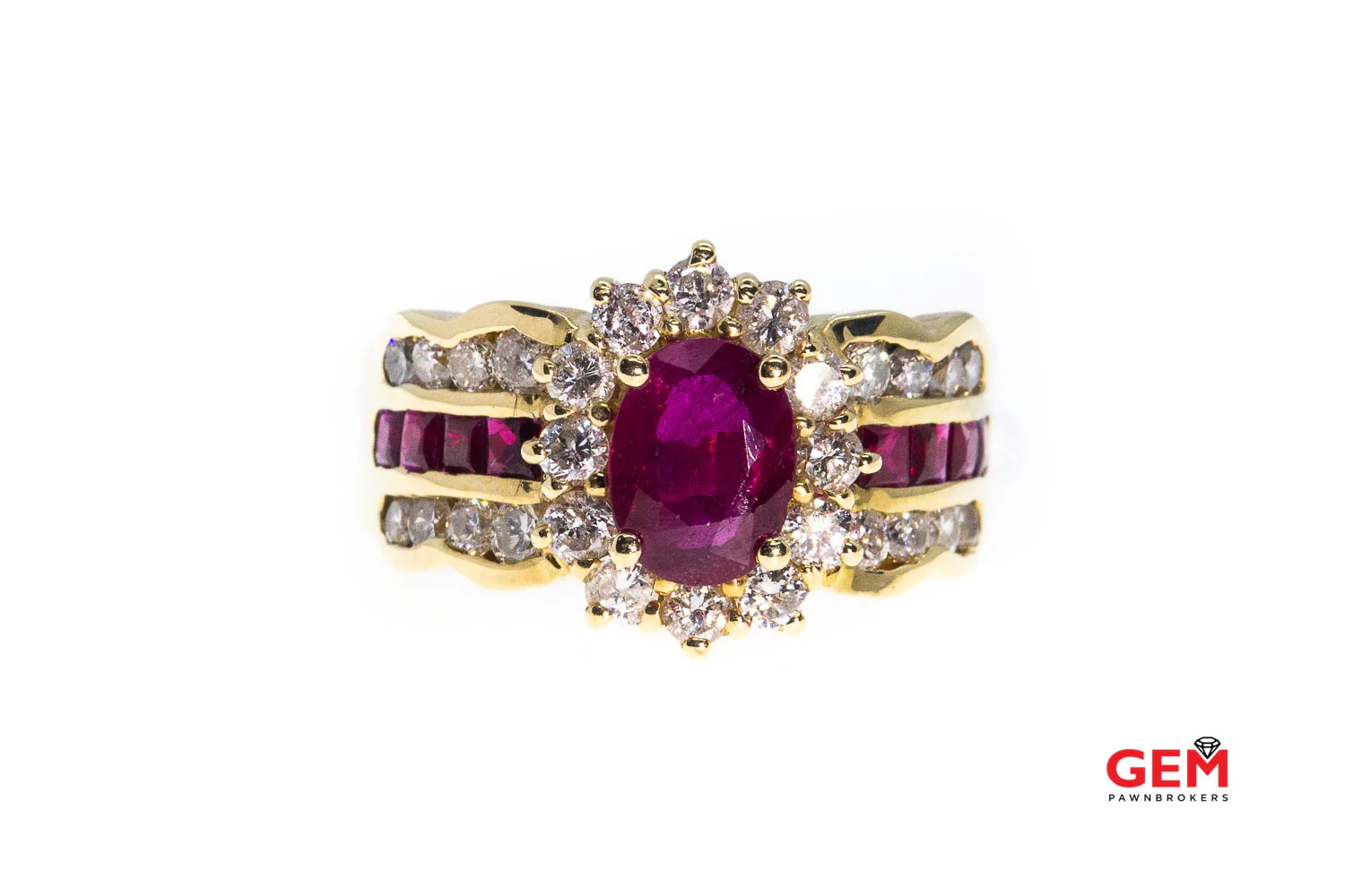 Natural Oval Ruby & Diamond Halo Accent Band Solid 14K 585 Yellow Gold Ring Size 7 1/4