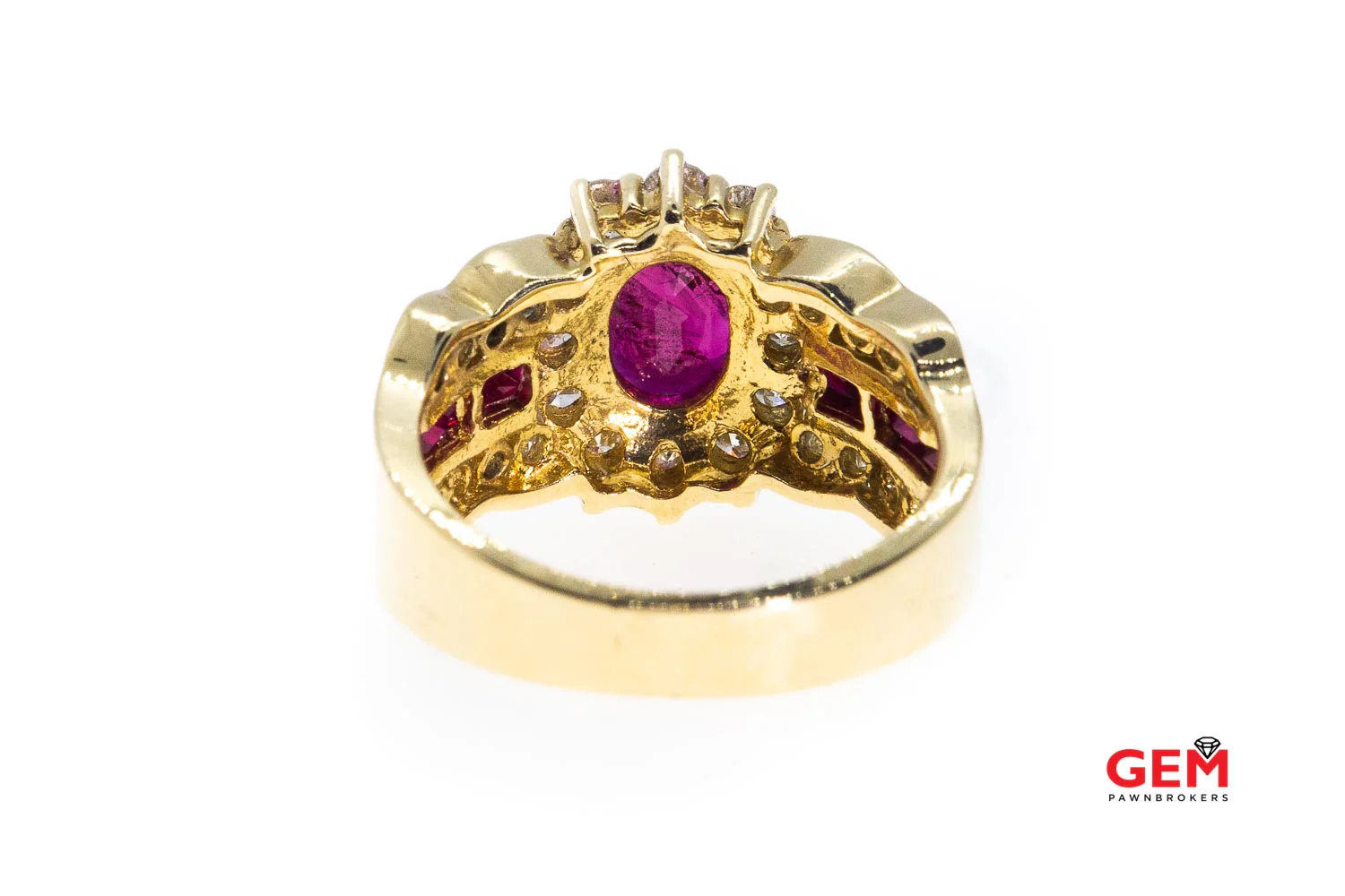 Natural Oval Ruby & Diamond Halo Accent Band Solid 14K 585 Yellow Gold Ring Size 7 1/4 - Image 2