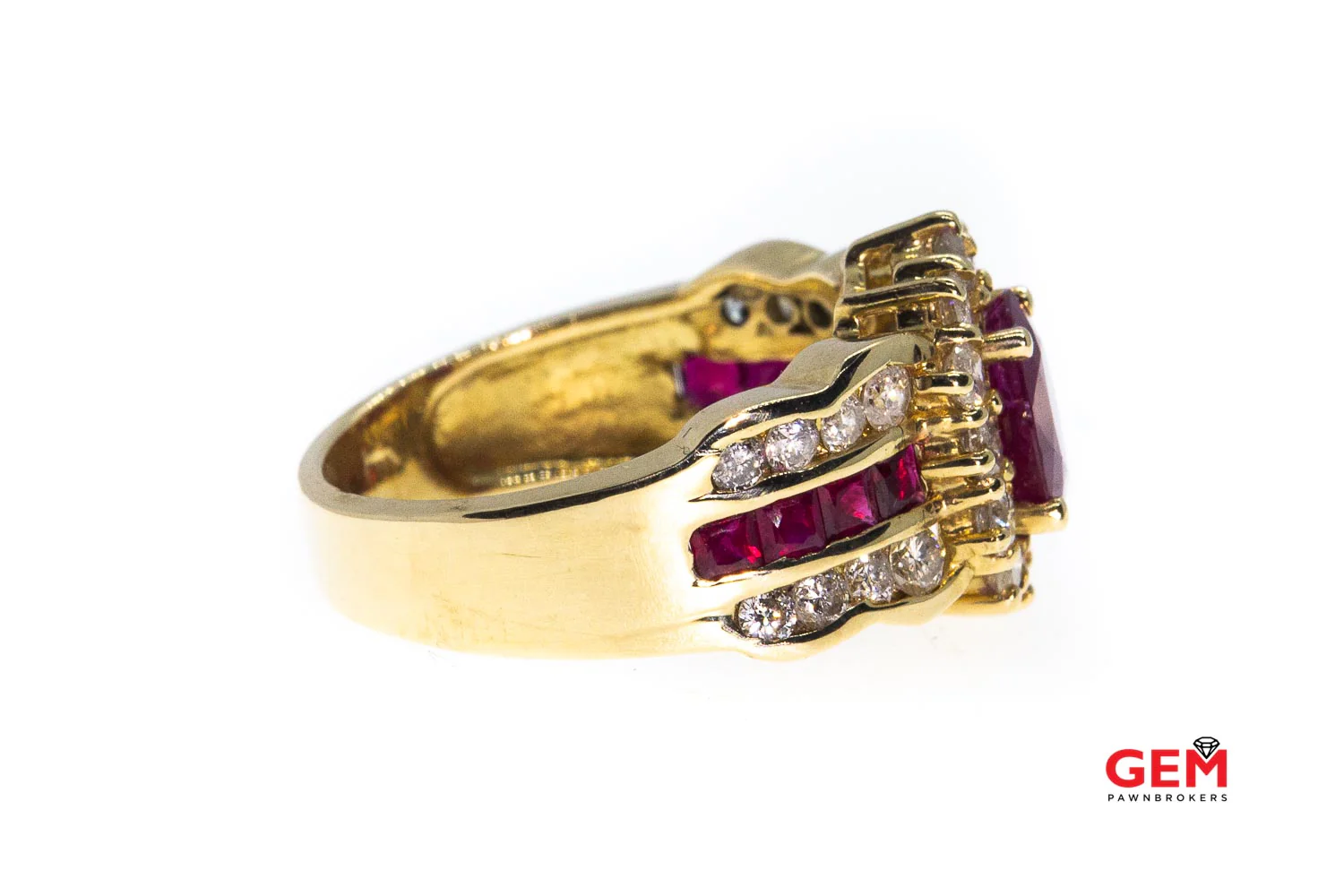 Natural Oval Ruby & Diamond Halo Accent Band Solid 14K 585 Yellow Gold Ring Size 7 1/4 - Image 3