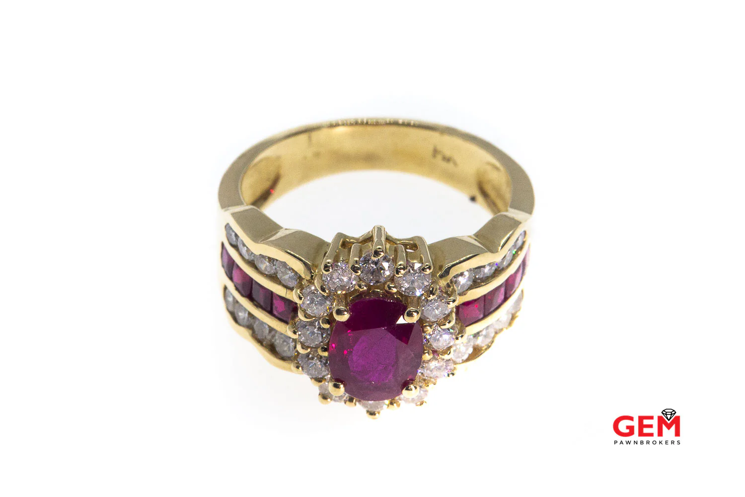 Natural Oval Ruby & Diamond Halo Accent Band Solid 14K 585 Yellow Gold Ring Size 7 1/4 - Image 4