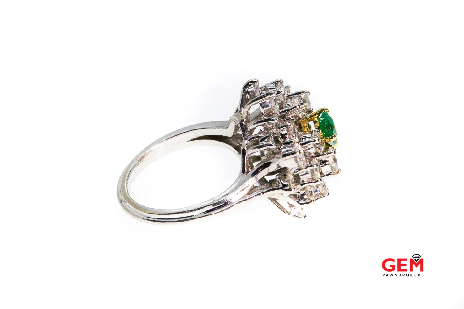 Natural Pear Emerald & Diamond Cluster 14K 585 White & Yellow Gold Cocktail Ring Size 5 1/2 - Image 2