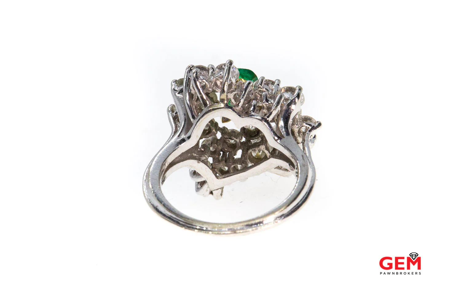 Natural Pear Emerald & Diamond Cluster 14K 585 White & Yellow Gold Cocktail Ring Size 5 1/2 - Image 3