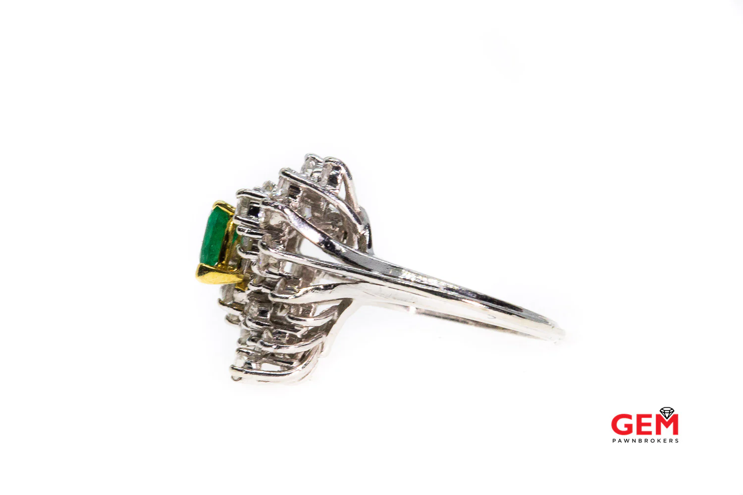 Natural Pear Emerald & Diamond Cluster 14K 585 White & Yellow Gold Cocktail Ring Size 5 1/2 - Image 4