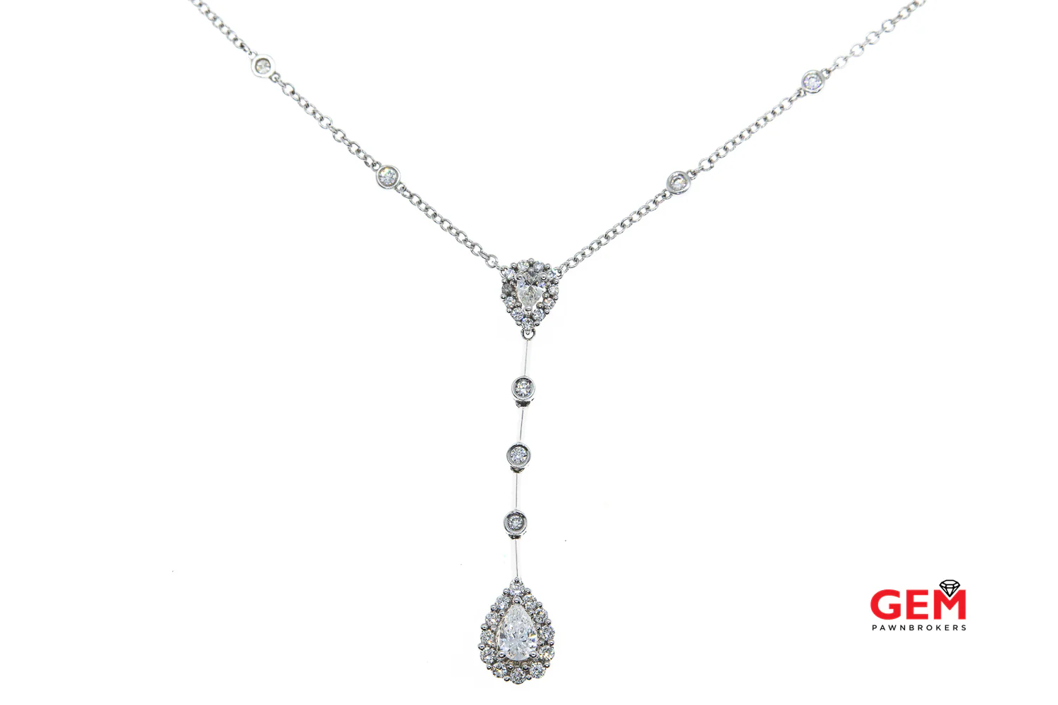 Natural Pear & Round Diamond Halo Accent Drop Charm 1.5mm Chain Link 14K 585 White Gold 19" Necklace & Pendant - Image 2