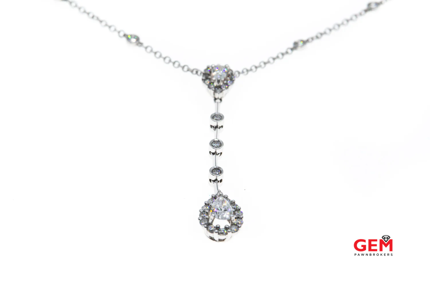 Natural Pear & Round Diamond Halo Accent Drop Charm 1.5mm Chain Link 14K 585 White Gold 19" Necklace & Pendant - Image 4