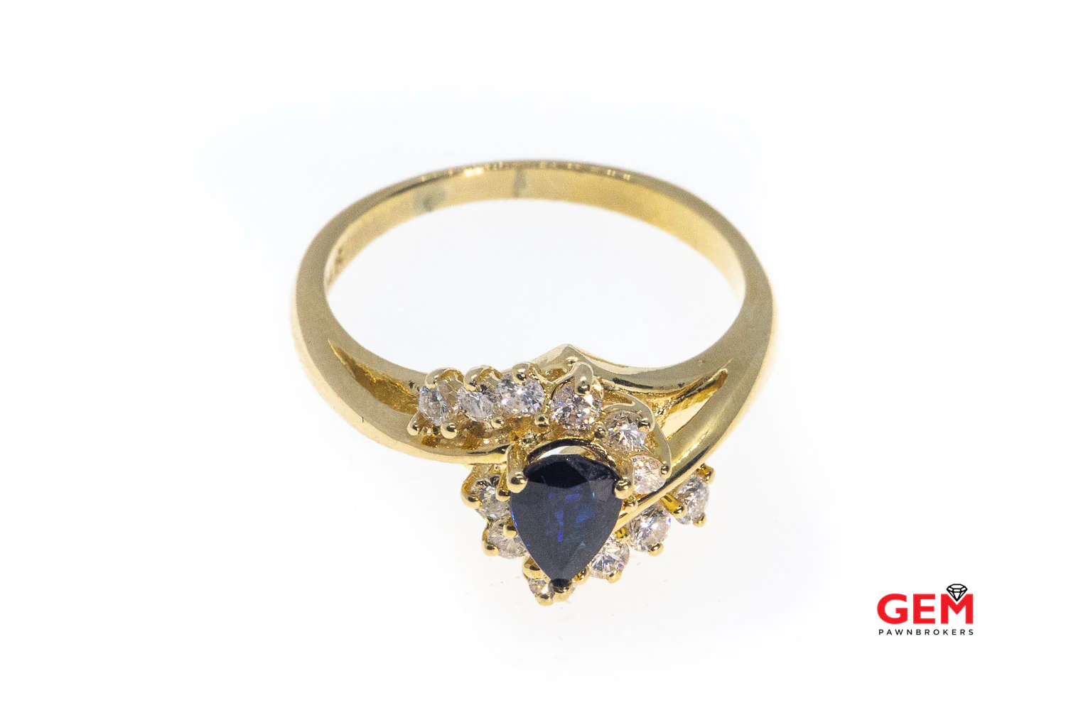Natural Pear Sapphire & Diamond Cluster 14K 585 Yellow Gold Cocktail Ring Size 9 - Image 3