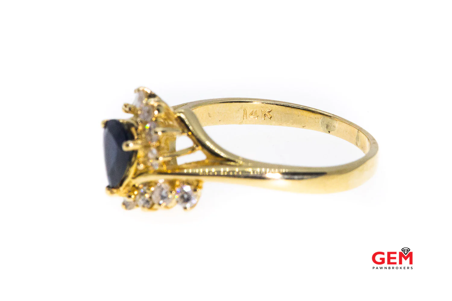 Natural Pear Sapphire & Diamond Cluster 14K 585 Yellow Gold Cocktail Ring Size 9 - Image 4