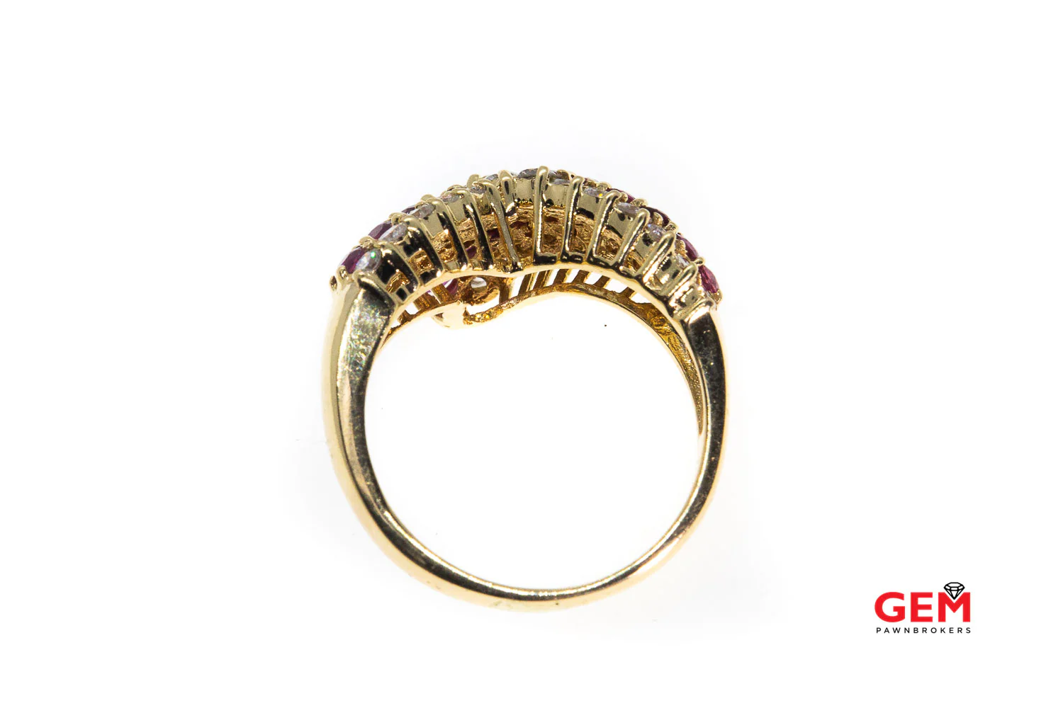 Natural Ruby & Round Diamond Cocktail Cluster Twist 14K 585 Yellow Gold Ring Size 7 - Image 2