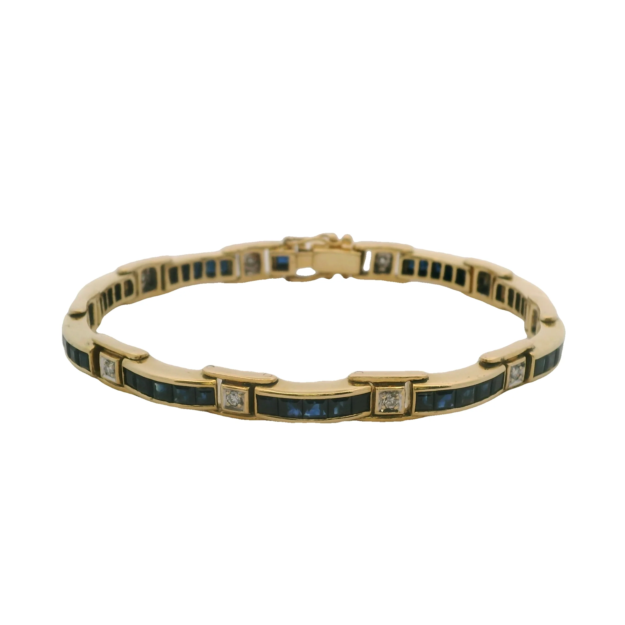 Natural Sapphire & Diamond Bar Link Station 18K 750 Yellow Gold Bracelet - Image 3