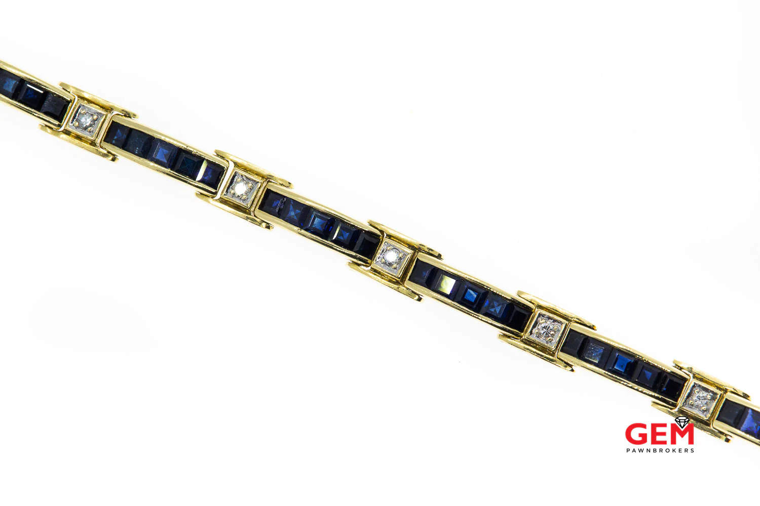 Natural Sapphire & Diamond Bar Link Station 18K 750 Yellow Gold Bracelet - Image 6