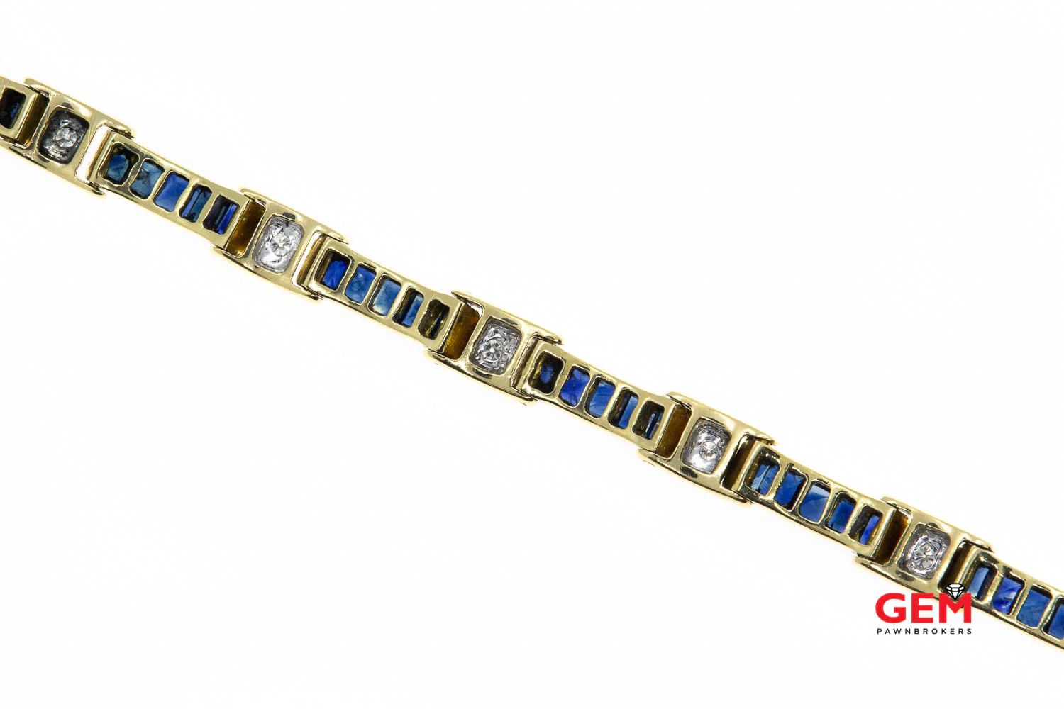 Natural Sapphire & Diamond Bar Link Station 18K 750 Yellow Gold Bracelet - Image 7