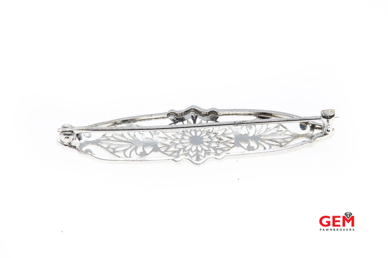 Navette Pierced Filigree Victorian Floral Pattern Motif Milgrain Accent Brooch 10K 417 White Gold Lapel Pin - Image 2
