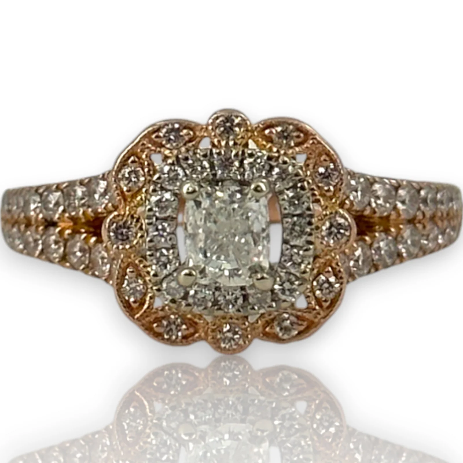 Neil Lane Retired Solid 14kt Rose Gold Cushion Cut Prong Set Diamond Engagement Ring with Double Halo and Diamond Split Sides Size 8.5 - Image 2