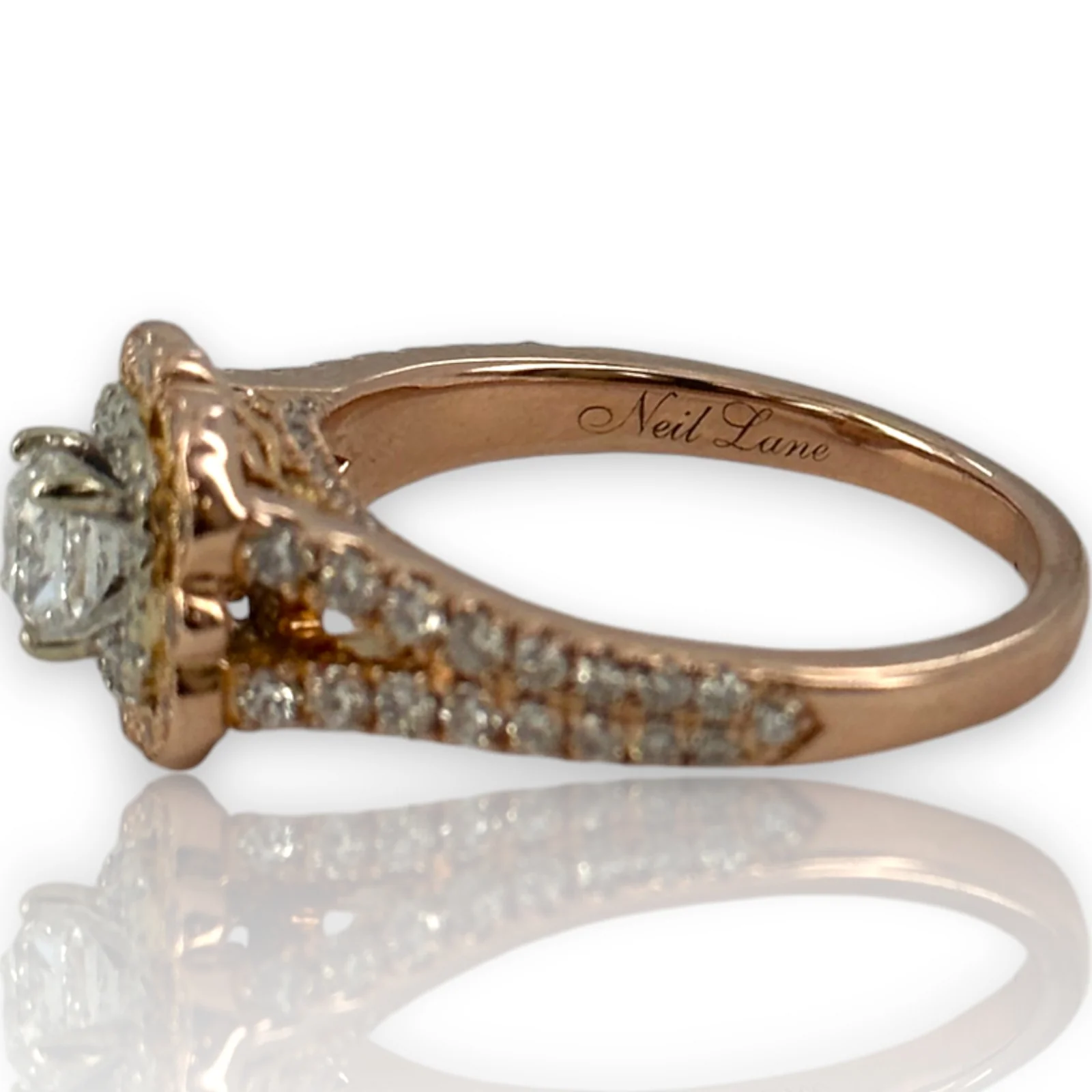 Neil Lane Retired Solid 14kt Rose Gold Cushion Cut Prong Set Diamond Engagement Ring with Double Halo and Diamond Split Sides Size 8.5 - Image 7