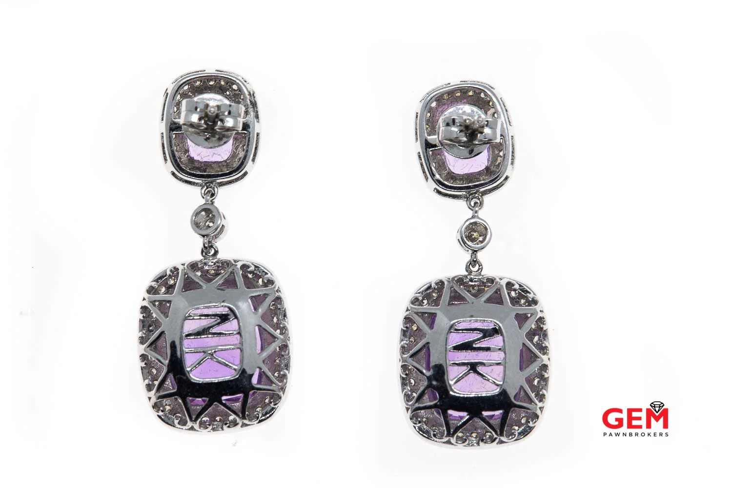 NK Natural Amethyst & Diamond Halo Milgrain Accent Drop 14K 585 White Gold Dangle Earrings - Image 3