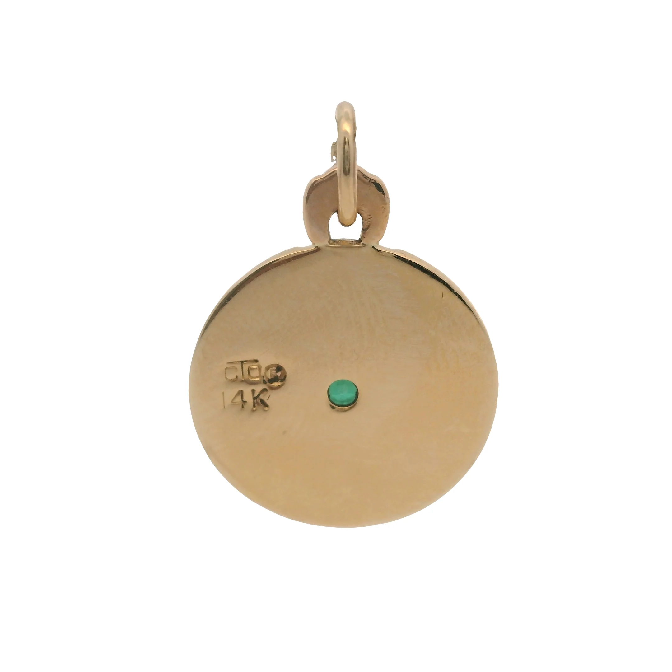 O.C. Tanner Solid14kt Yellow Gold and Lab Emerald Medallion Circle Pendant - Image 2