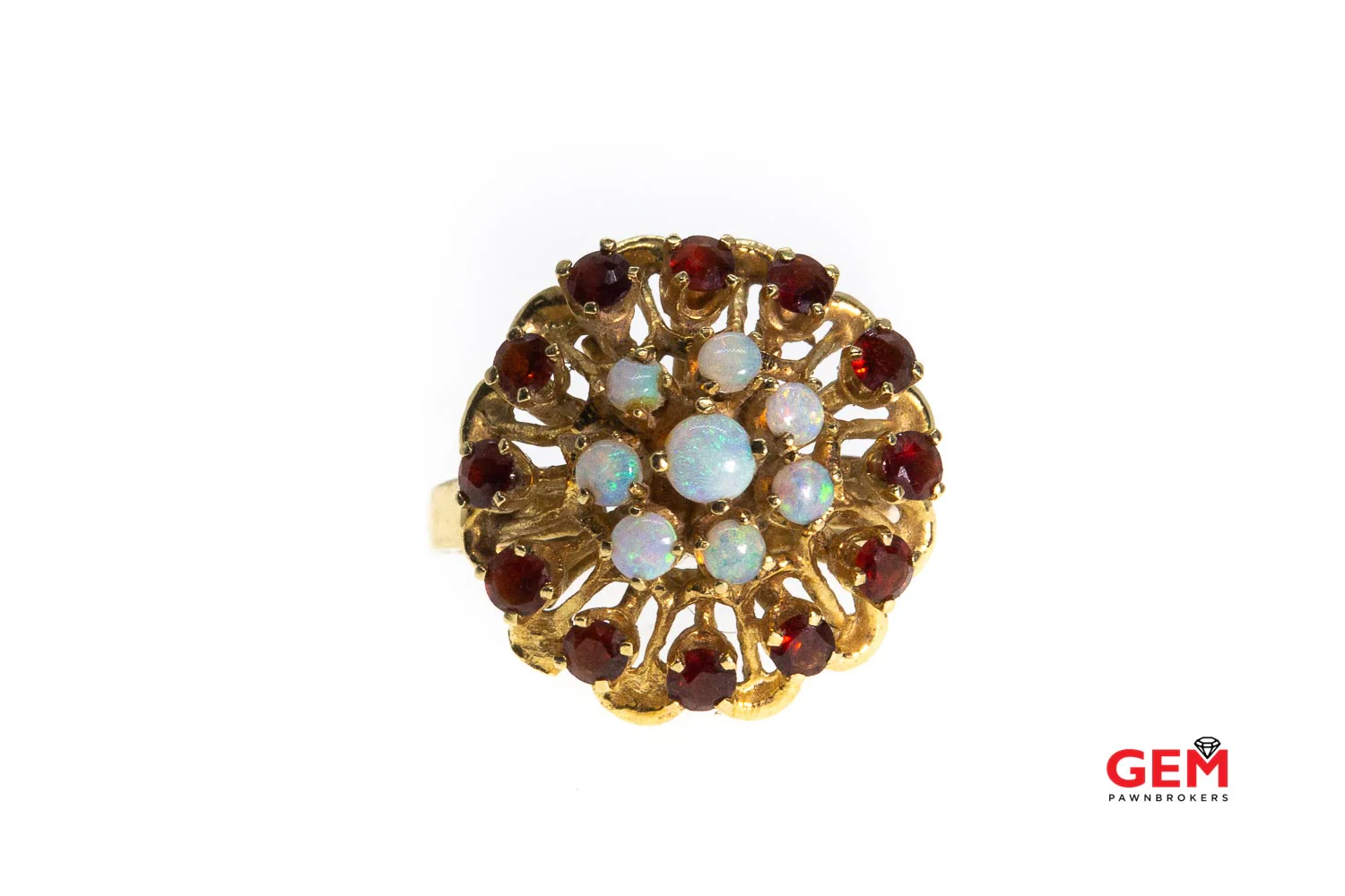 Opal & Garnet Cocktail 14K 585 Yellow Gold Ring Size 6