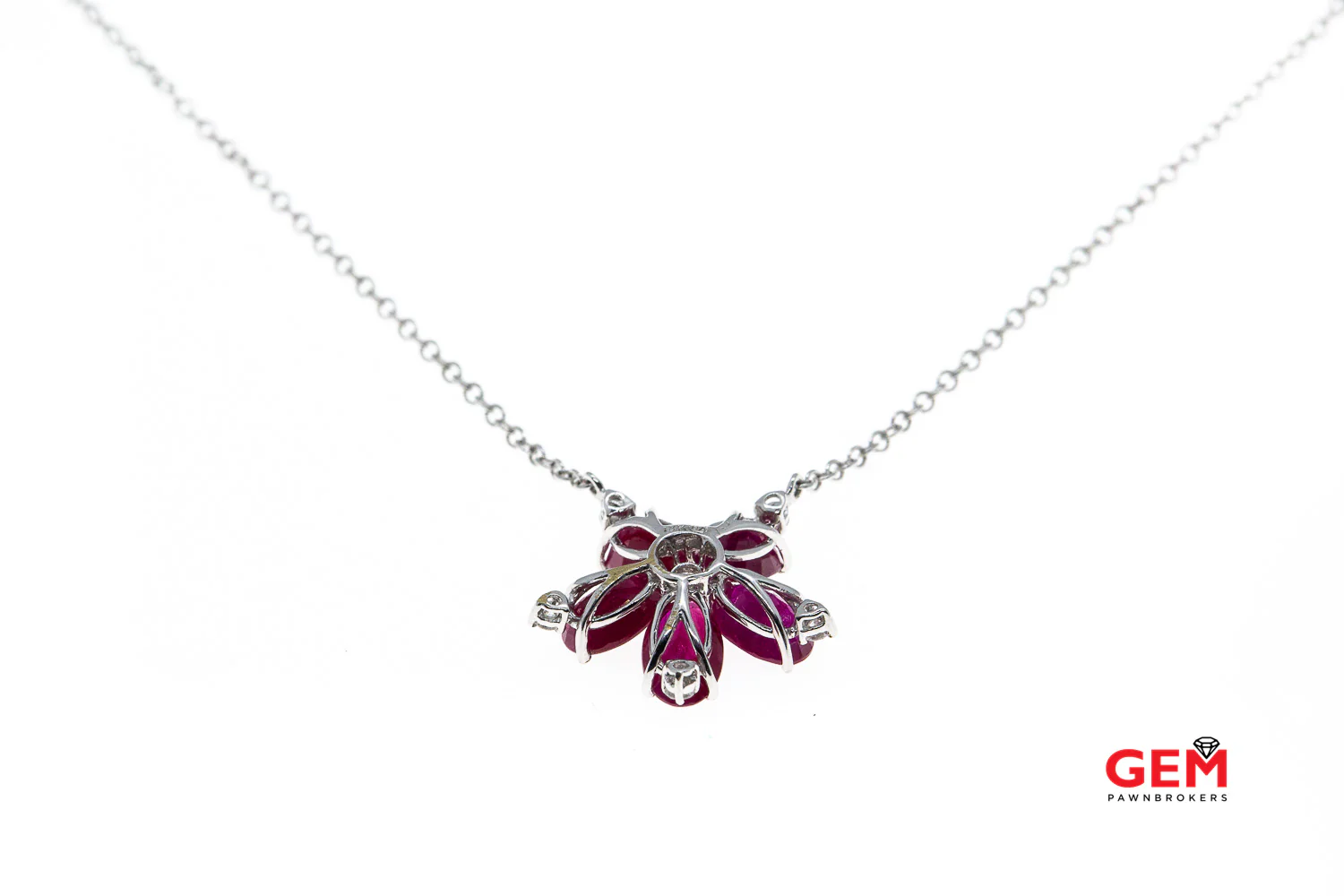 Oval Ruby Diamond Flower Petal Charm Pendant Necklace 18k 750 18" White Gold - Image 4