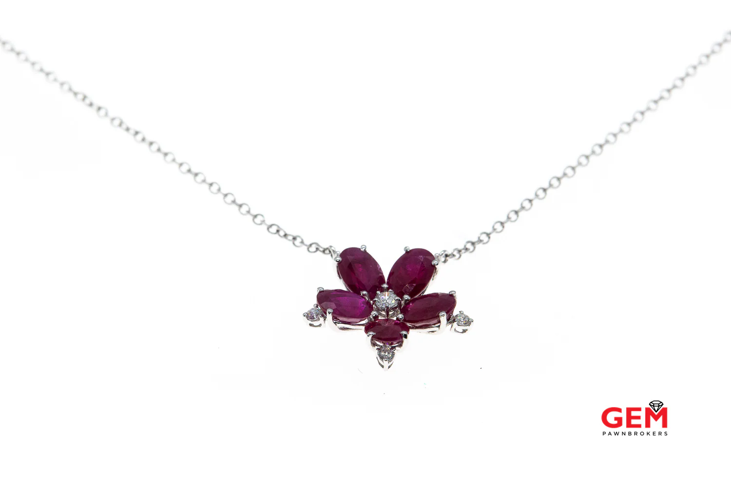 Oval Ruby Diamond Flower Petal Charm Pendant Necklace 18k 750 18" White Gold - Image 5