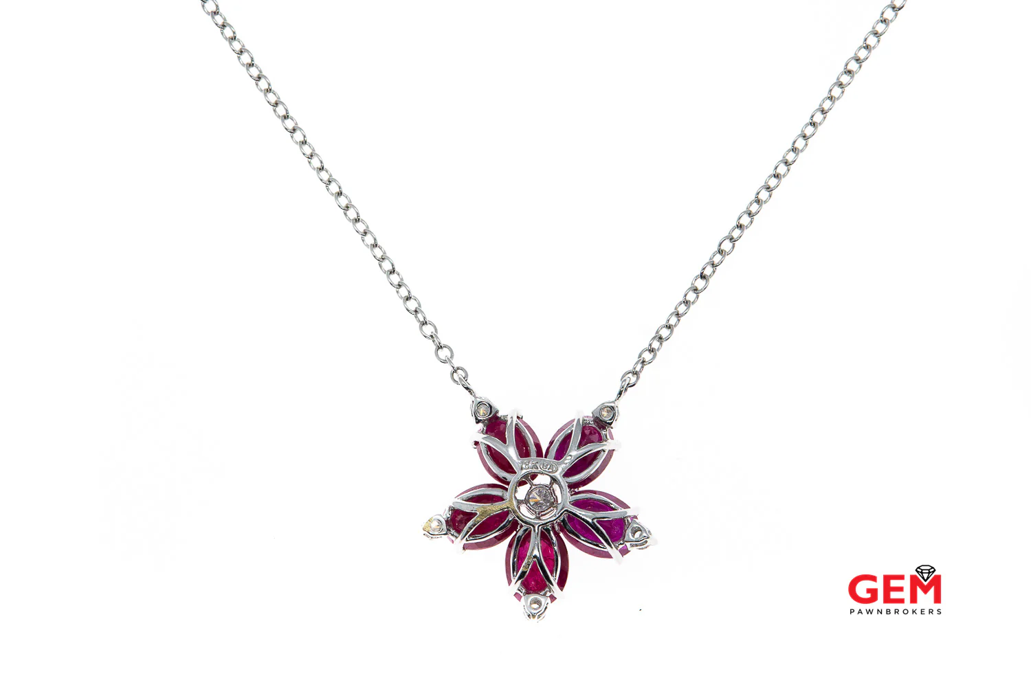 Oval Ruby Diamond Flower Petal Charm Pendant Necklace 18k 750 18" White Gold - Image 6
