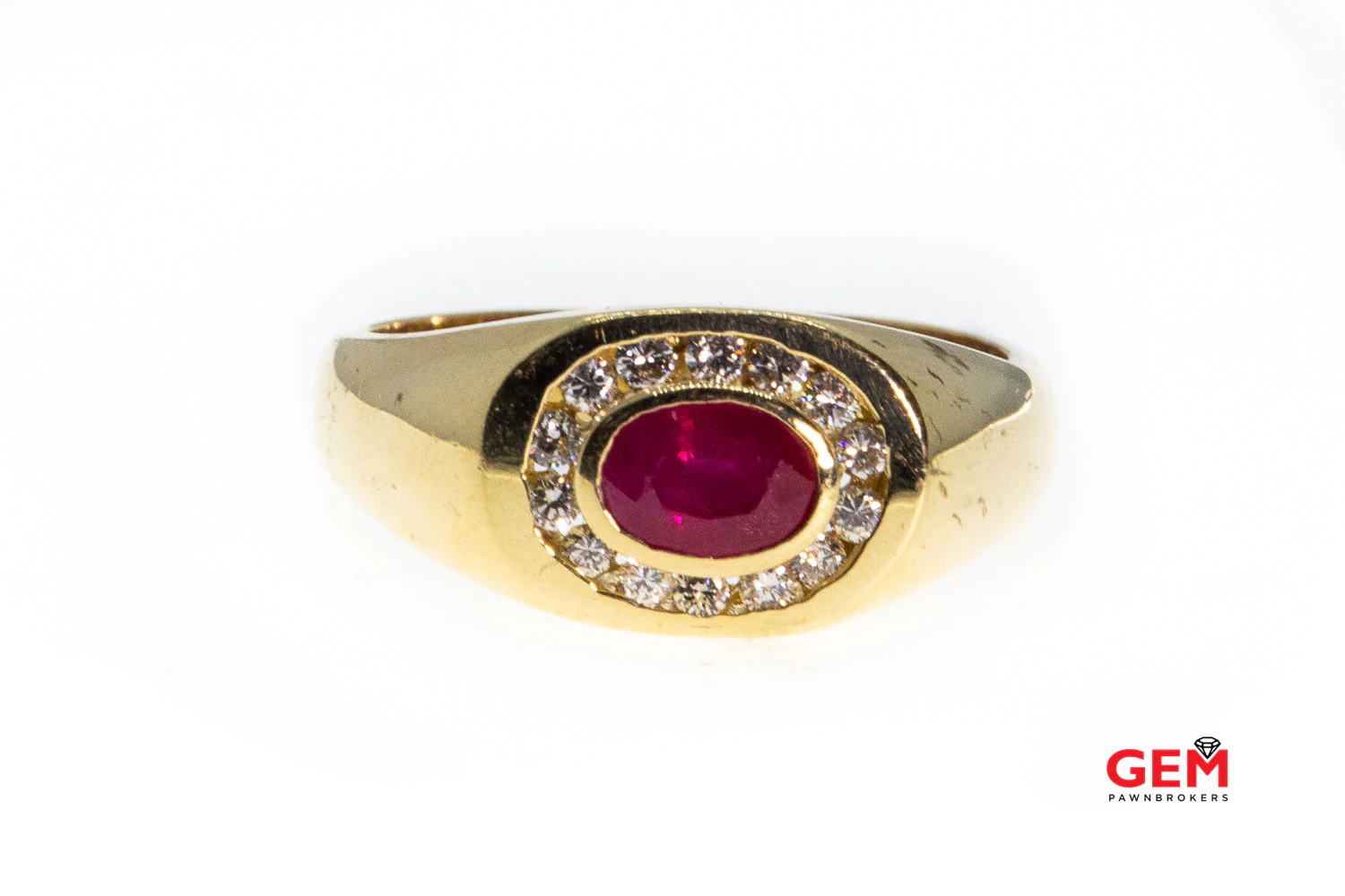 Oval Ruby & Round Diamond Halo Cluster 14K 585 Yellow Gold Ring Size 10