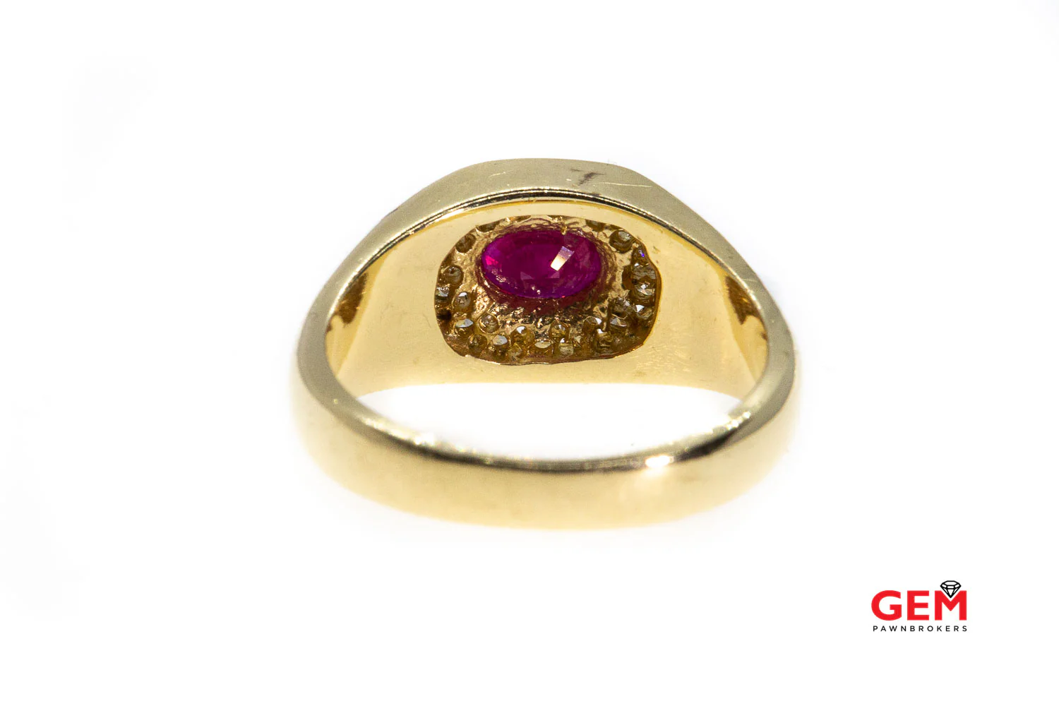 Oval Ruby & Round Diamond Halo Cluster 14K 585 Yellow Gold Ring Size 10 - Image 5
