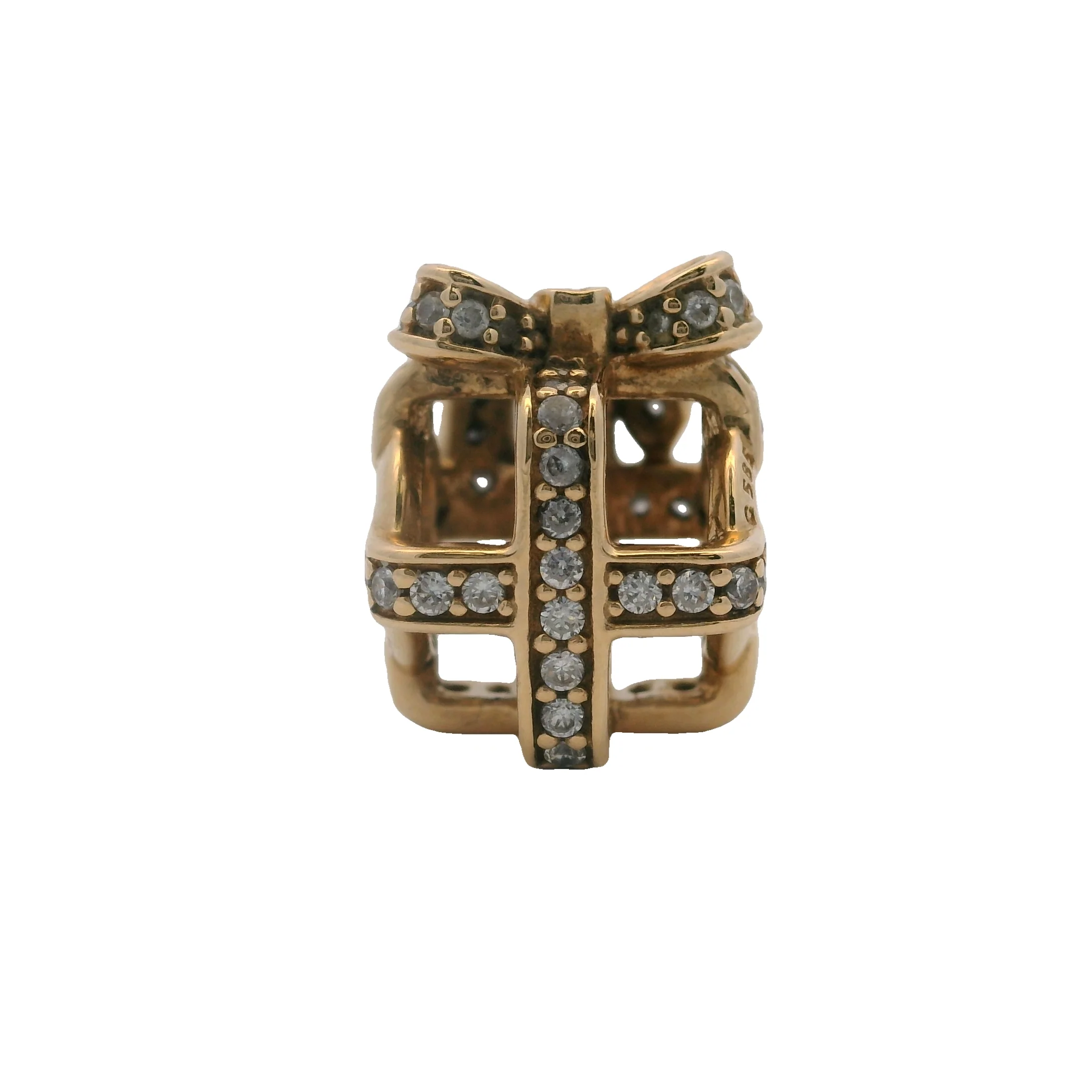 Pandora Solid 14kt Yellow Gold "All Wrapped Up" Gift Box CZ Spacer Charm - Image 2