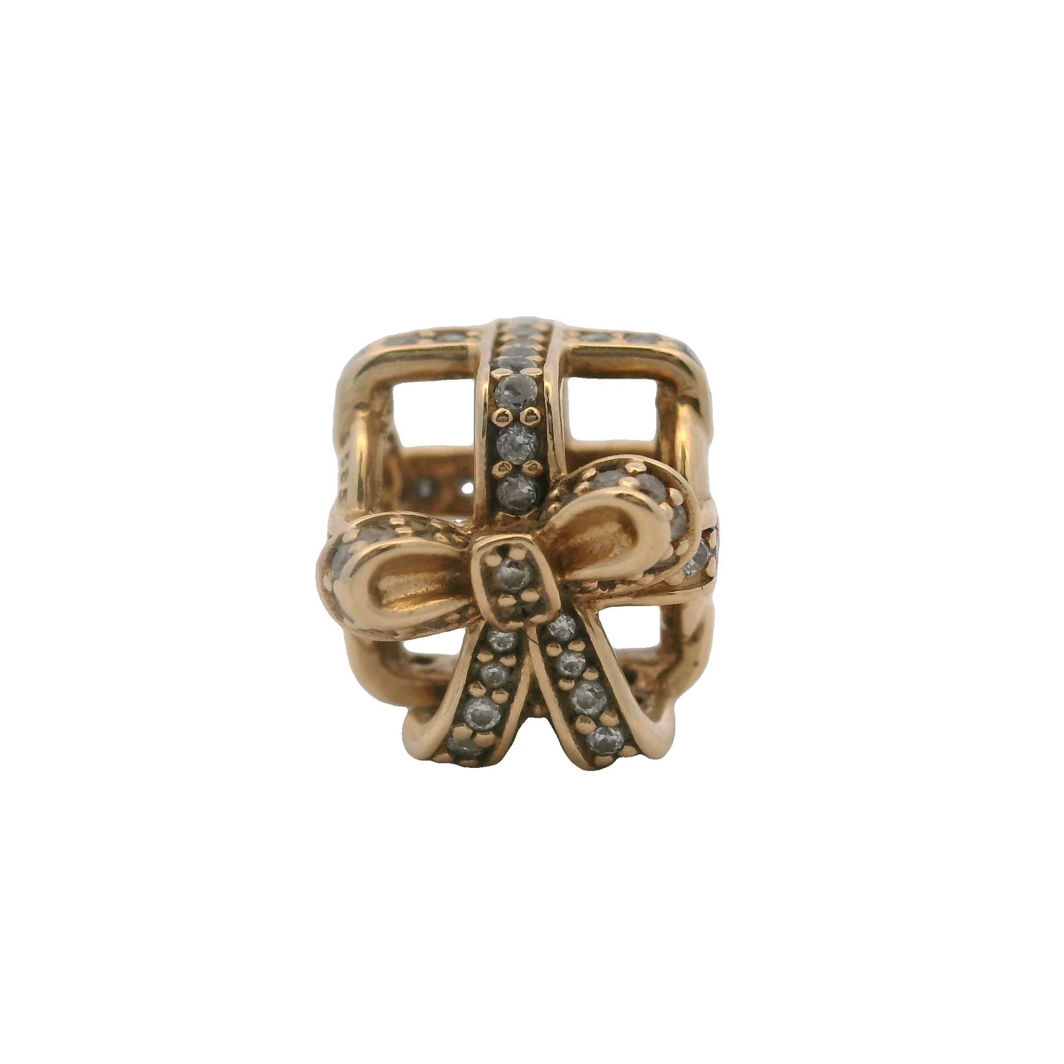 Pandora Solid 14kt Yellow Gold "All Wrapped Up" Gift Box CZ Spacer Charm - Image 3