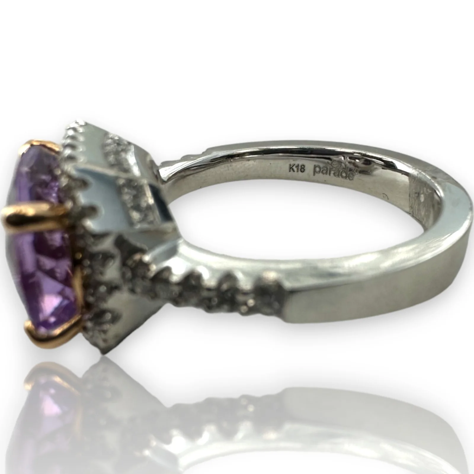 Parade Jewelry Cocktail 18kt White Gold Amethyst Diamond Halo Ring Size 5 - Image 9