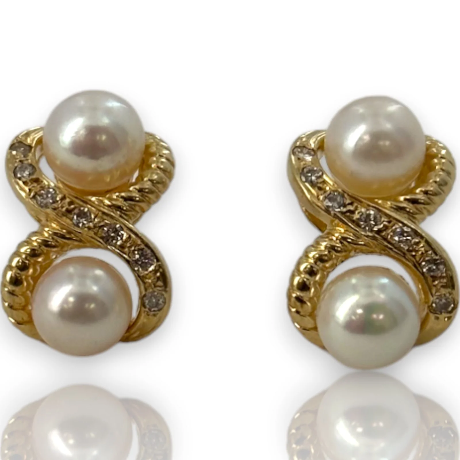 Pearl and Diamond Twist Cable Drop 14kt Solid Yellow Gold Pierced Earrings - Image 2