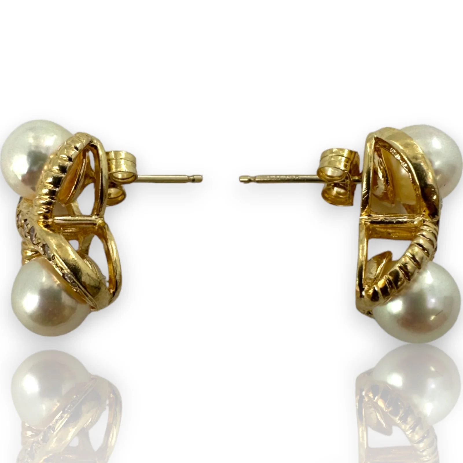 Pearl and Diamond Twist Cable Drop 14kt Solid Yellow Gold Pierced Earrings - Image 3