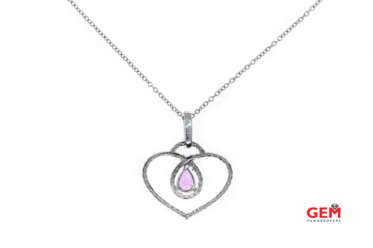 Pink Sapphire Pear & Diamond Pave Open Heart 14K 585 White Gold 16" Necklace - Image 4