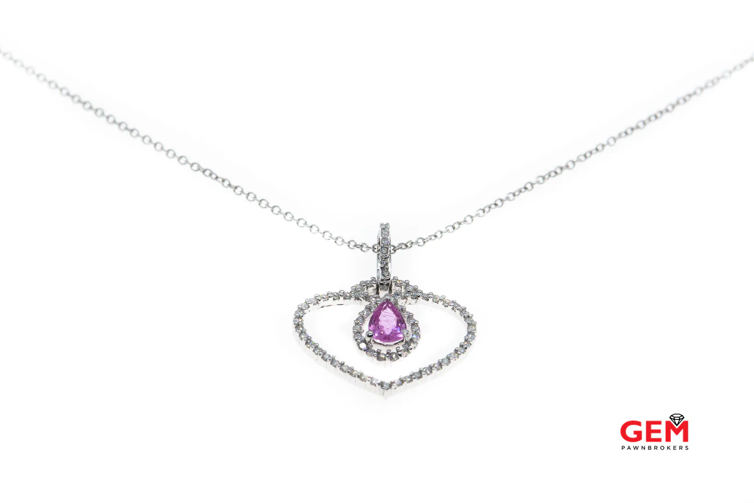 Pink Sapphire Pear & Diamond Pave Open Heart 14K 585 White Gold 16" Necklace - Image 5