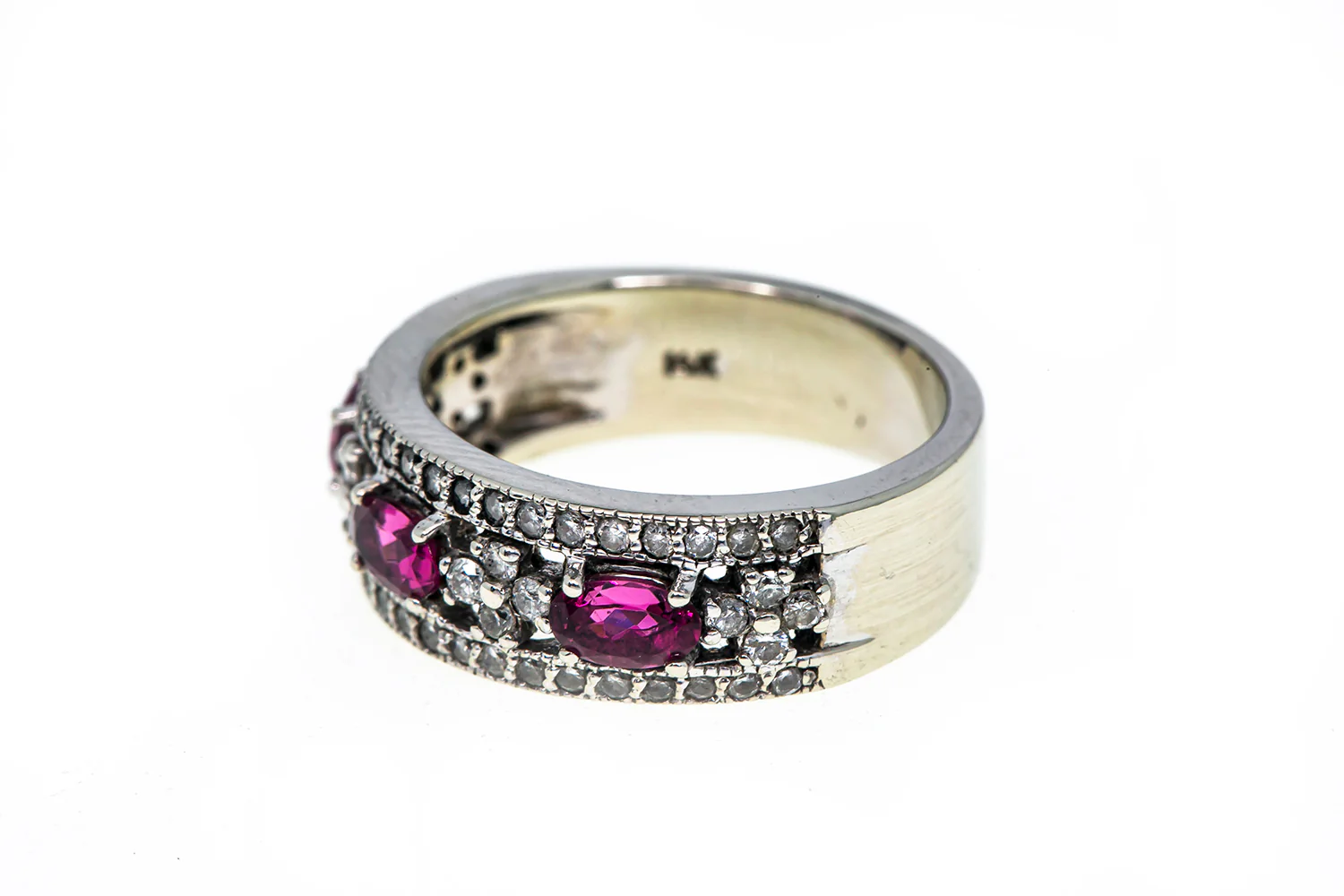 Pink Tourmaline & Diamond Cluster Band 14K 585 White Gold Ring Size 7 - Image 2