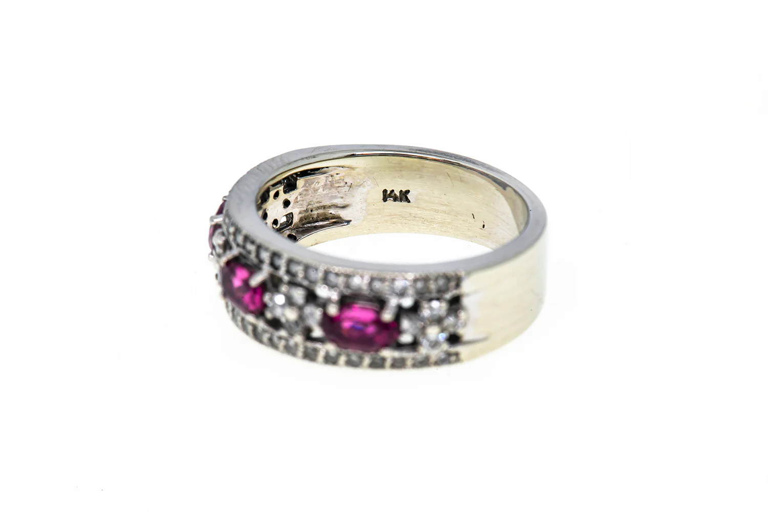 Pink Tourmaline & Diamond Cluster Band 14K 585 White Gold Ring Size 7 - Image 5