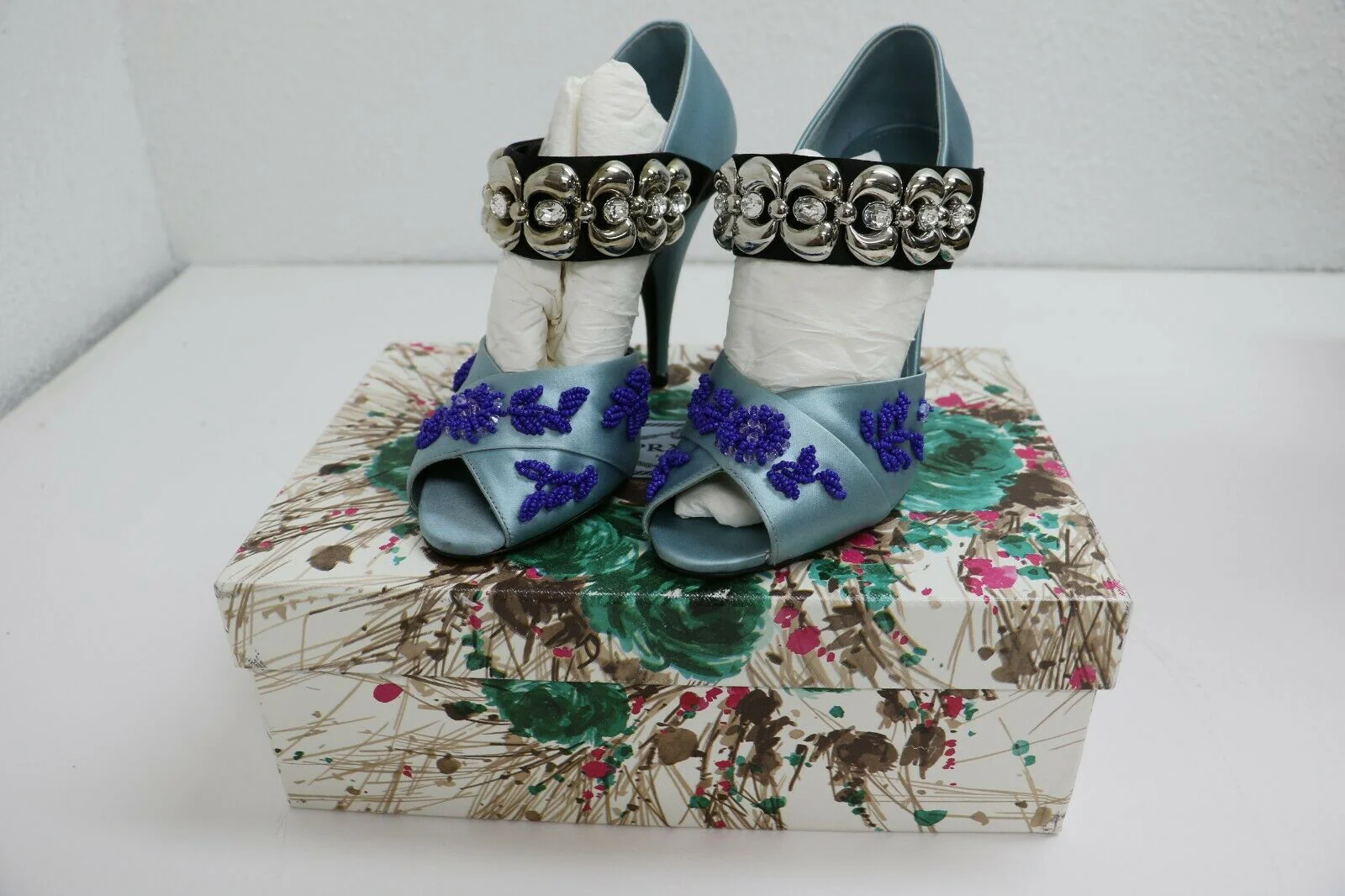 Prada Blue Heels | Satin Embroidery | Size US 5.5, EUR 36