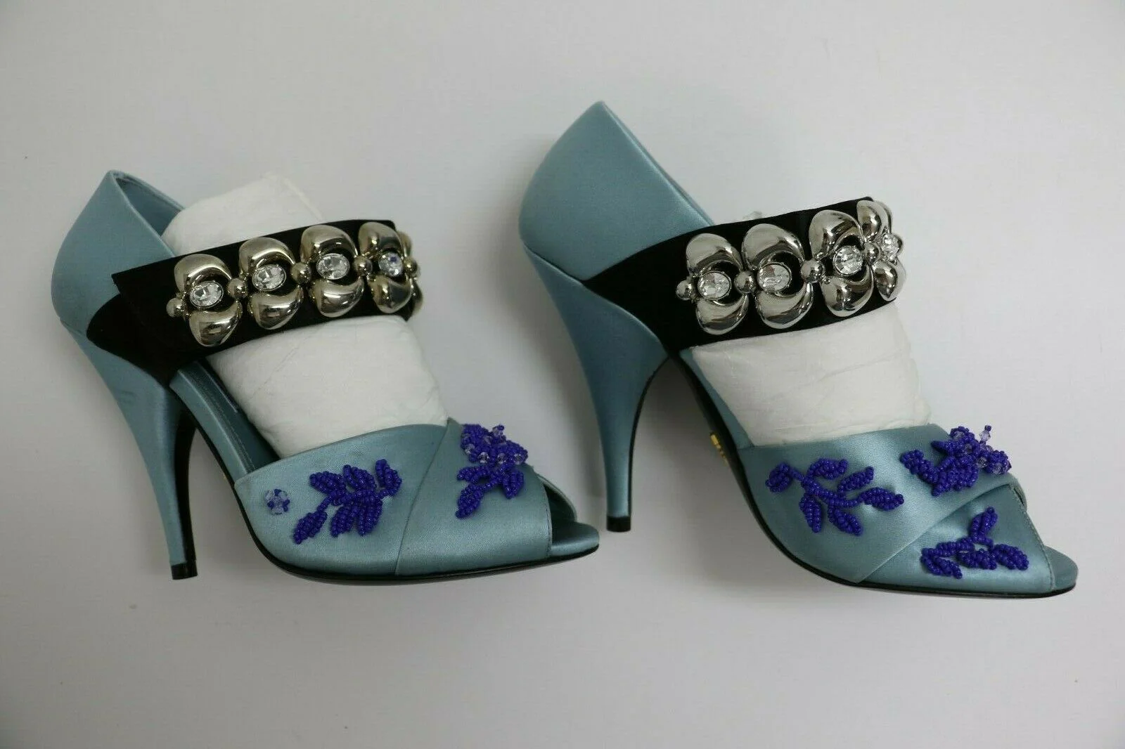 Prada Blue Heels | Satin Embroidery | Size US 5.5, EUR 36 - Image 4