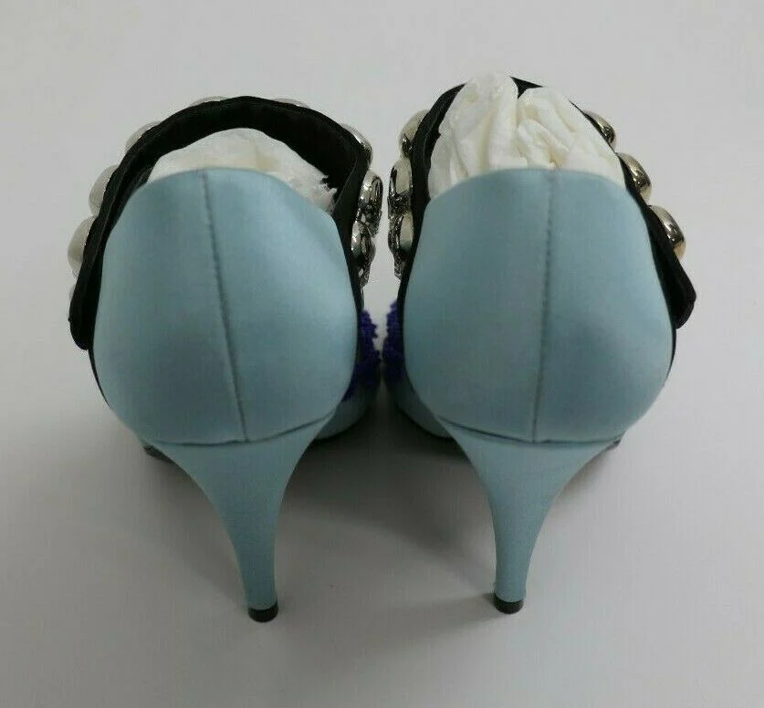 Prada Blue Heels | Satin Embroidery | Size US 5.5, EUR 36 - Image 6