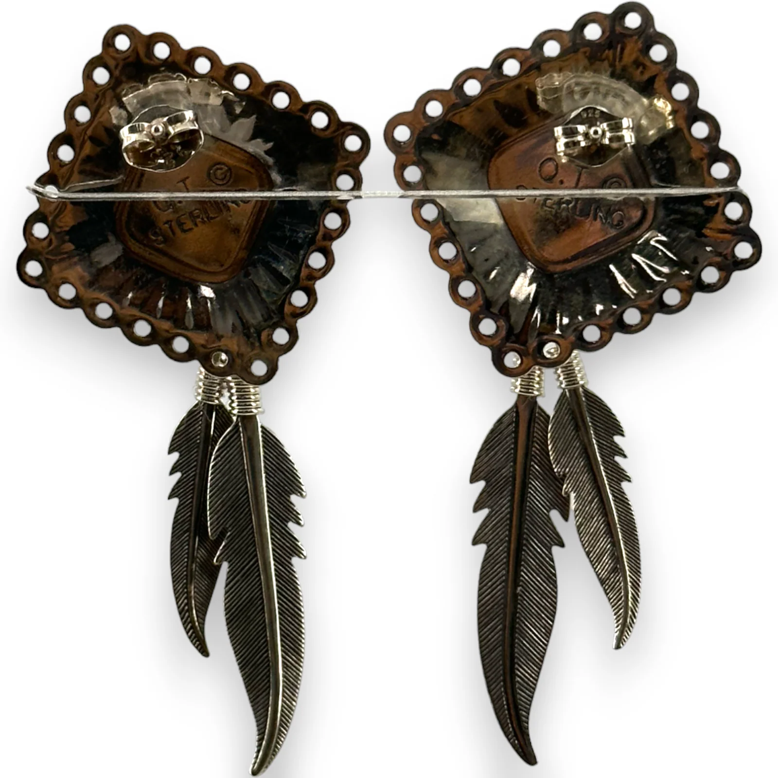Q.T. Quoc Navajo Mosaic Sterling Silver Dangle Feather 925 Sterling Silver Stud Earrings - Image 2
