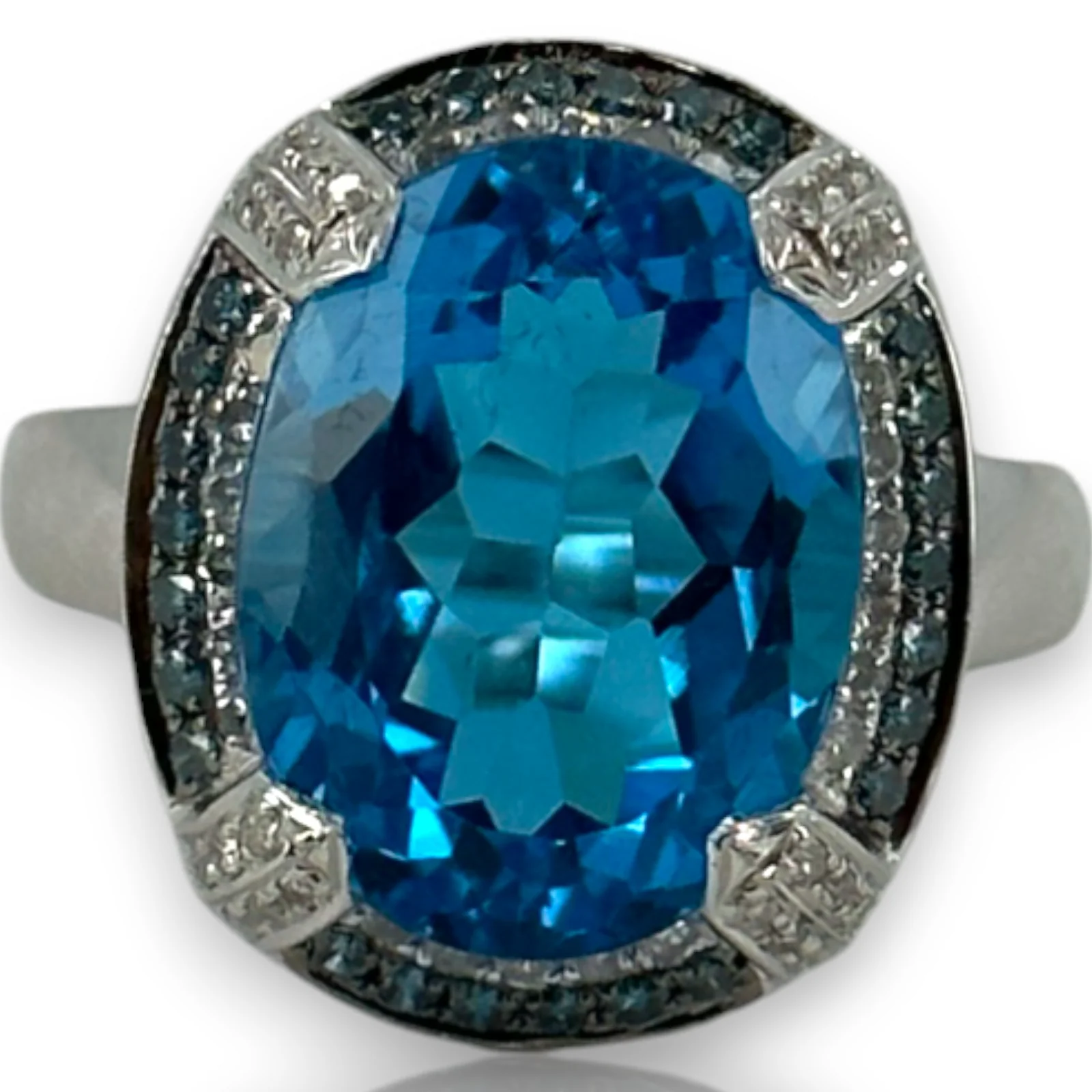 QCD Large Oval Blue Topaz & Diamond Halo Accent 14K 585 White Gold Ring Size 9
