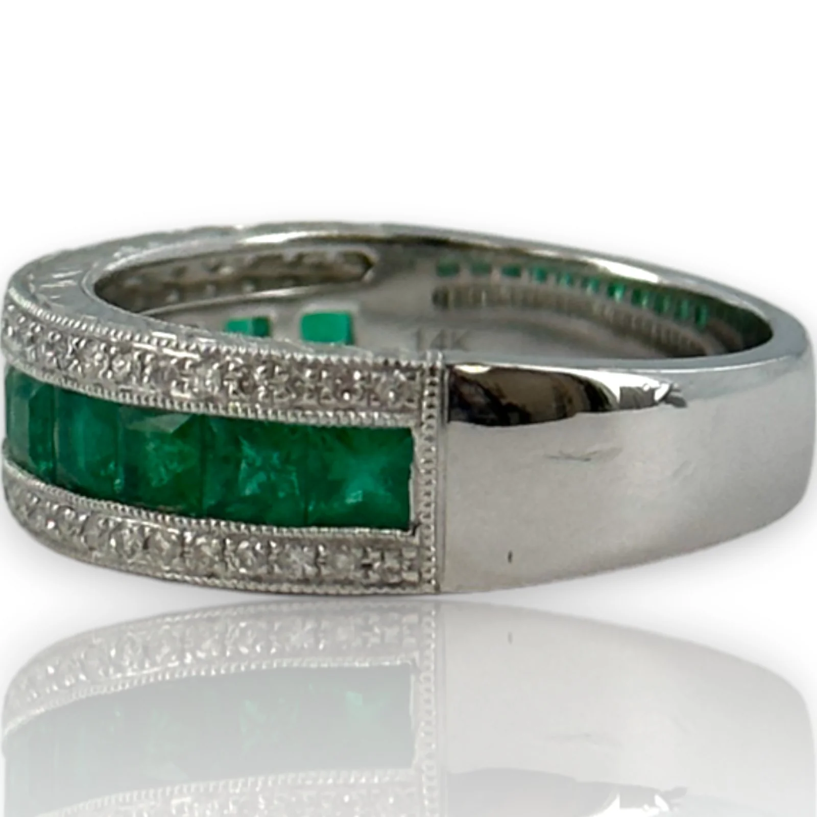 QCD Quality Color Design 14kt Solid White Gold Rhodium Plate Band with Princess Cut Emeralds and Accent Diamonds Size 7 Ring - Image 2