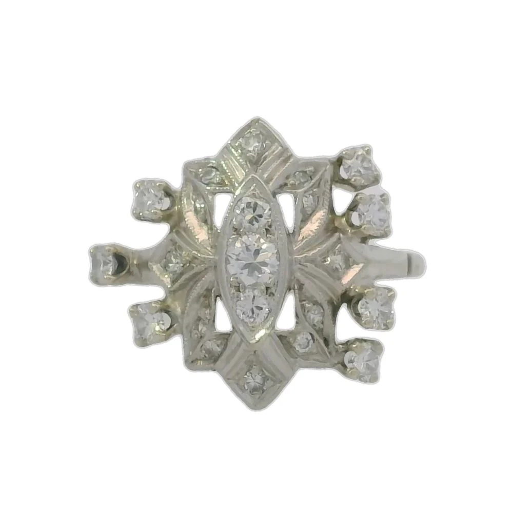 Rare Vintage Handmade 1930-40s Solid 14kt White Gold and 0.65ct Diamond Celestial Dinner Cocktail Ring Size 6.5