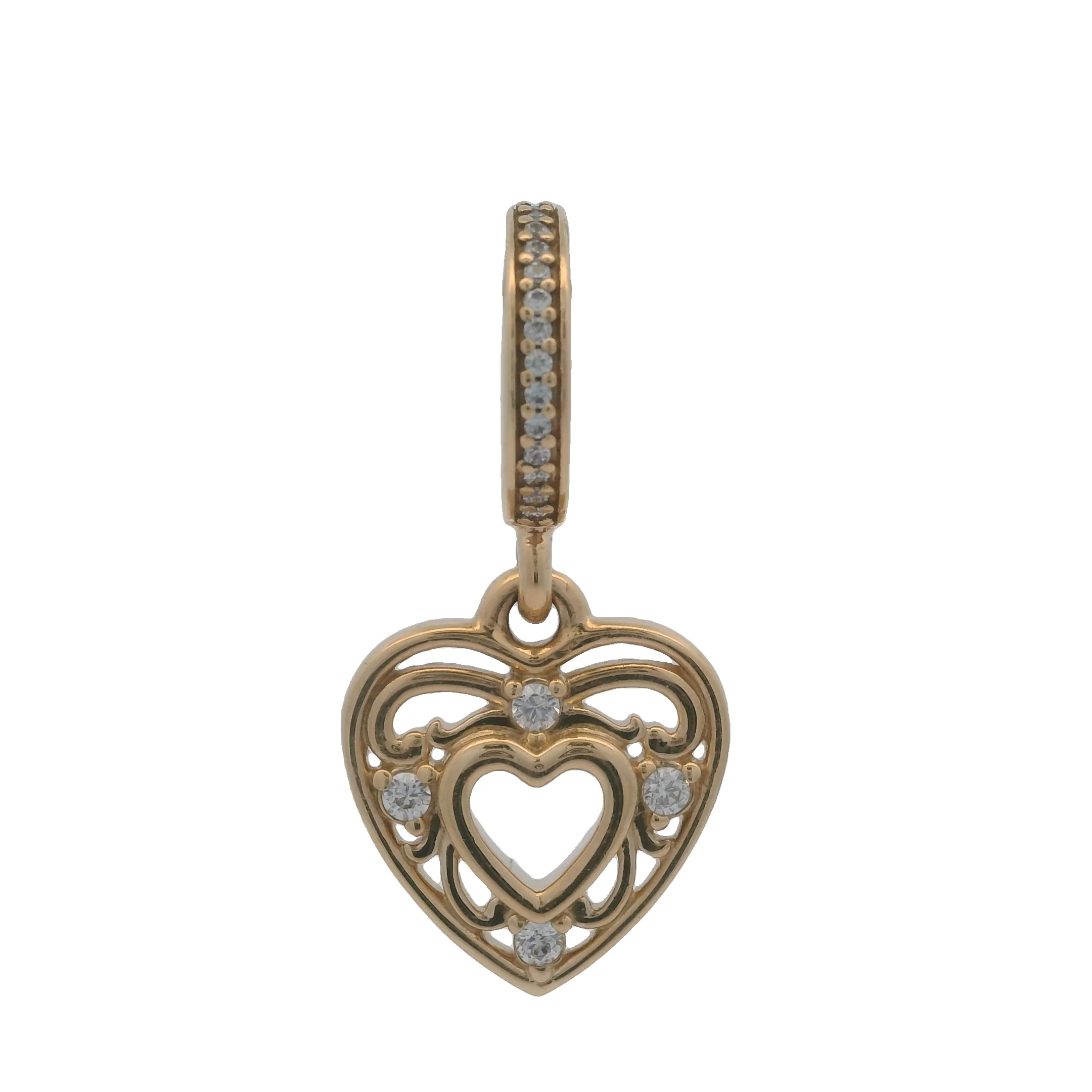 Retired Pandora Rare Solid 14kt Yellow Gold and CZ Cubic Zirconia Romantic Heart Dangle Charm