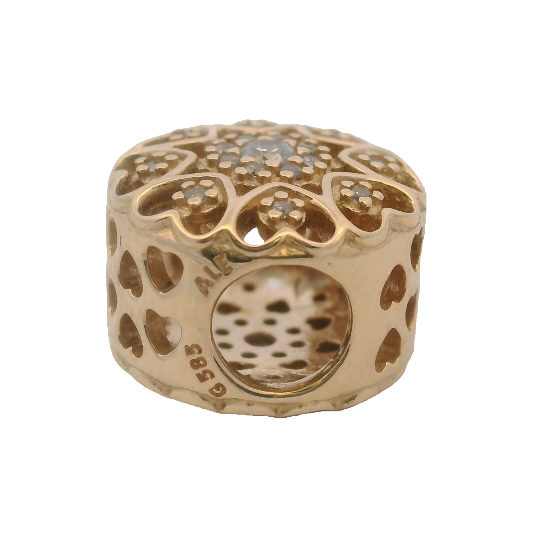 Retired Pandora Solid 14kt Yellow Gold and CZ Hearts of Gold Cut Out Spacer Charm - Image 4