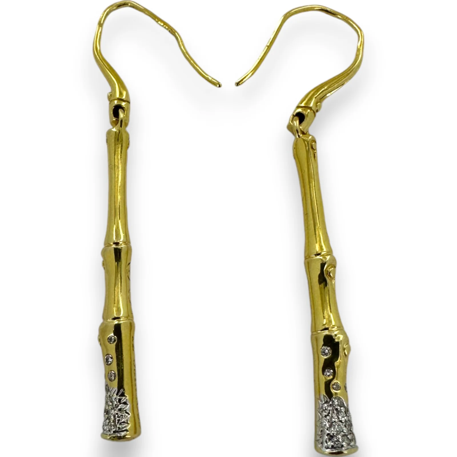 Retired Rare John Hardy 12 Bamboos Collection Solid 18kt Yellow Gold Bamboo Stick Hook Dangle Earrings with Diamonds - Image 2