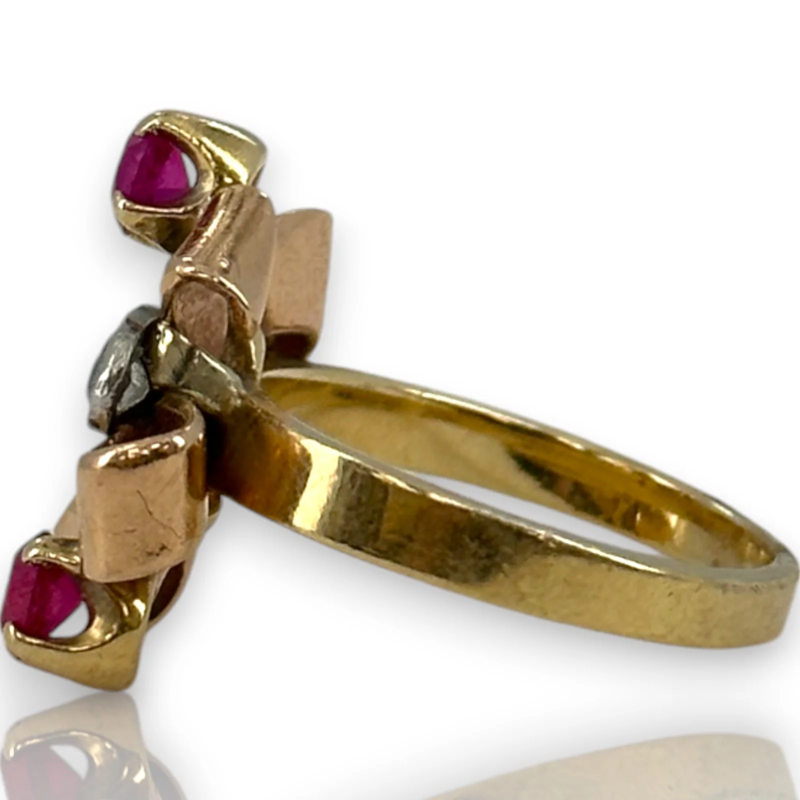 Retro 1930-40s Gochman & Held Solid 14kt Rose, Yellow, and White Gold Cocktail Ring with Old Mine Cut Diamonds and Lab Rubies Size 6 - Image 2