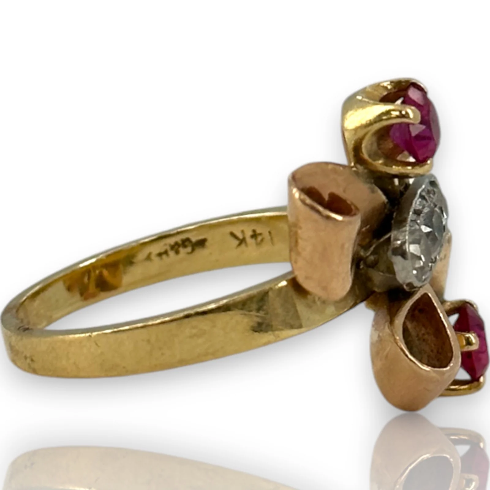 Retro 1930-40s Gochman & Held Solid 14kt Rose, Yellow, and White Gold Cocktail Ring with Old Mine Cut Diamonds and Lab Rubies Size 6 - Image 3