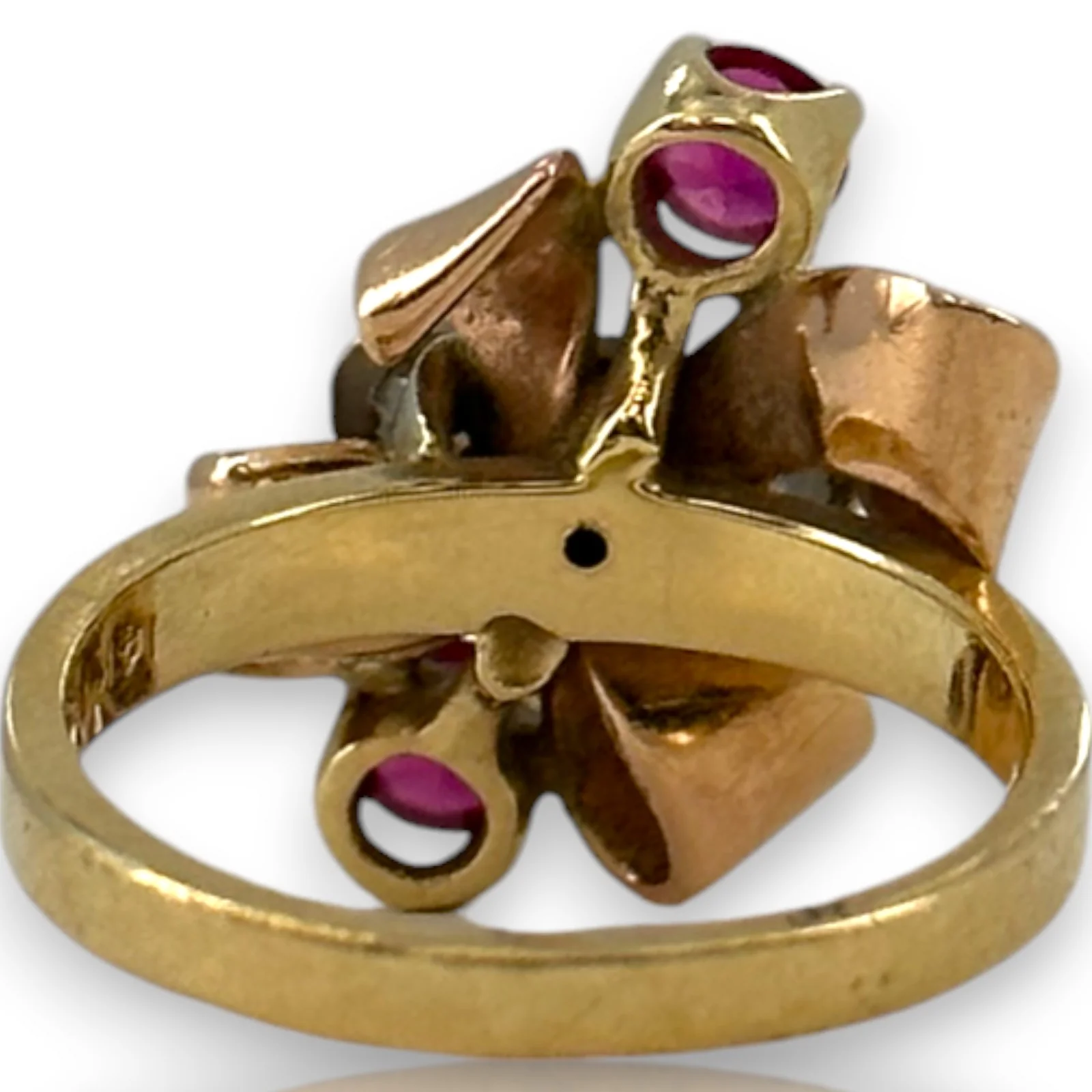Retro 1930-40s Gochman & Held Solid 14kt Rose, Yellow, and White Gold Cocktail Ring with Old Mine Cut Diamonds and Lab Rubies Size 6 - Image 4