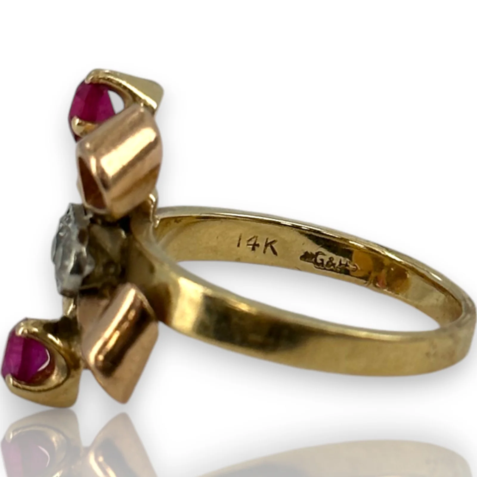 Retro 1930-40s Gochman & Held Solid 14kt Rose, Yellow, and White Gold Cocktail Ring with Old Mine Cut Diamonds and Lab Rubies Size 6 - Image 8